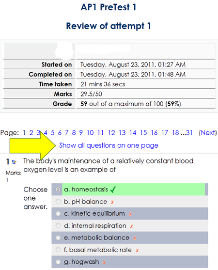 Moodle view of test results